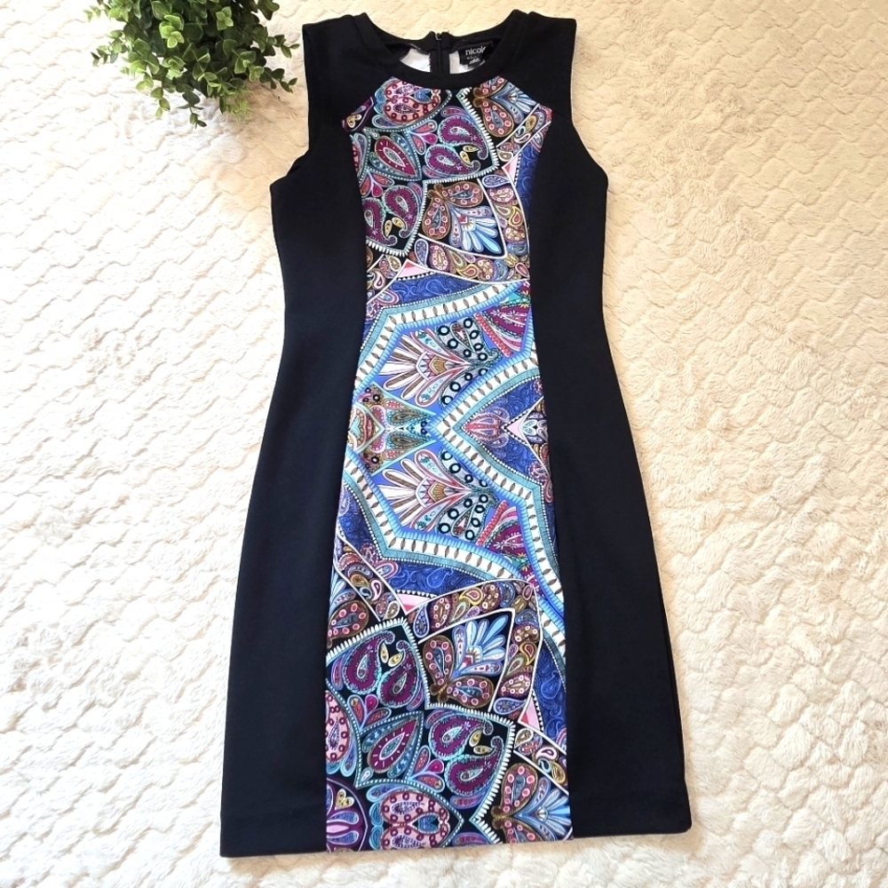 Nicole by Nicole Miller Black and Paisley Bodycon Party Mini-Dress, Size Medium